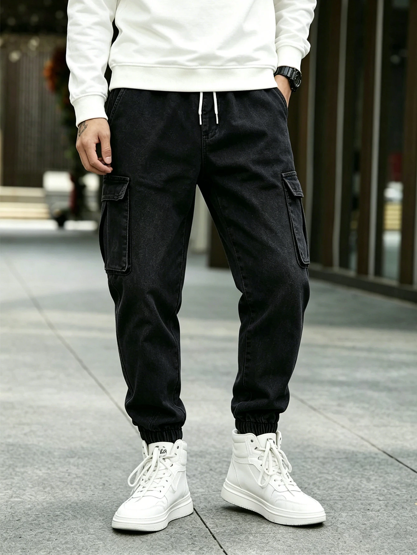 Cargo Jogger Pants - Męskie czarne spodnie cargo z efektem