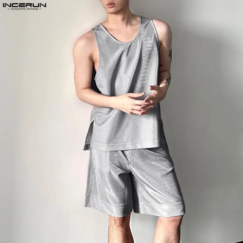 Men'S Tops Fashion - INCERUN Męskie Komplety Błyszczące Gładkie Bezrękawniki
